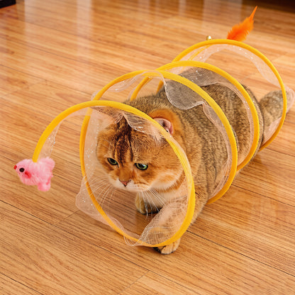 Collapsible Pet Tunnel Toy with Feather Teaser